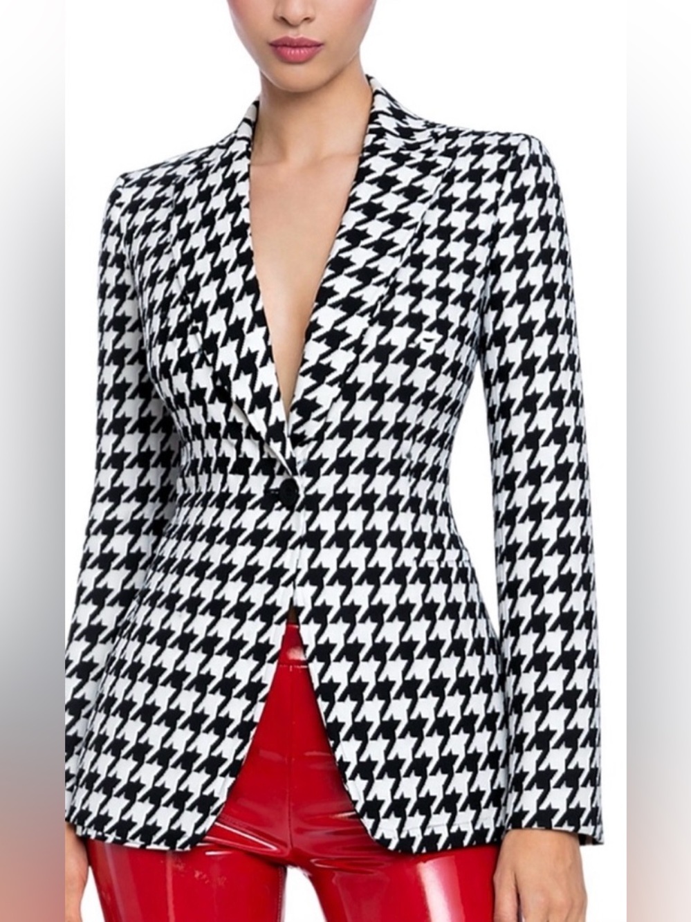 Alice + Olivia Breann Long Fitted Houndstooth Single Button Classic Blazer 10 - Picture 3 of 16